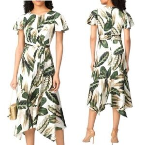 Great Jones Tropical Leaf Print Midi Dress Green Ivory Asymmetrical Hem Size 4